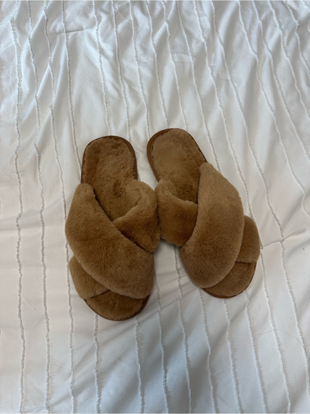 Plush Cross-Band Fur Slide Slippers - Brown